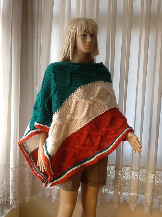 FLAG Poncho - Hand Knitted Poncho / CABLE KNIT Poncho / Cozy Poncho / MultiColor / Thick Poncho / Womens Poncho / Mens Poncho / Custom Order