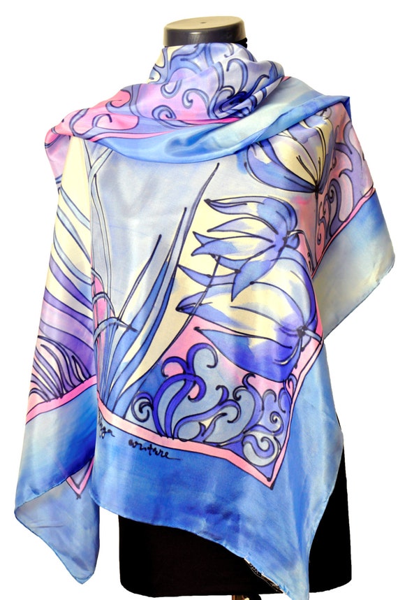 Blue flowers/Hand painted silk scarf/Woman silk by GABYGA on Etsy