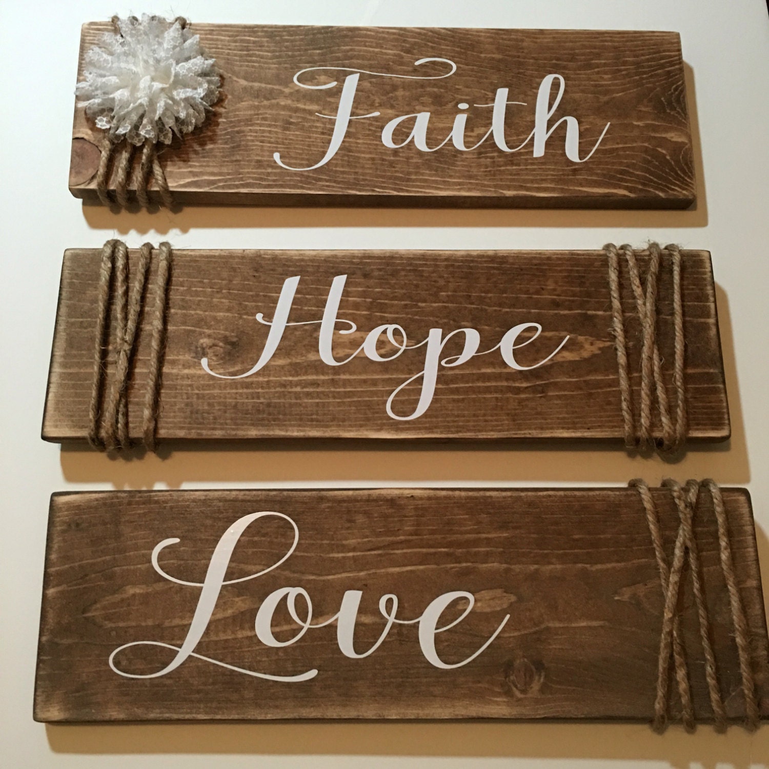Rustic Set of 3 Wooden Faith Hope Love Signs