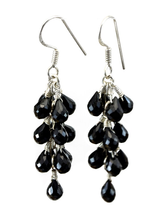 Black Spinel Earrings Cluster Style Sterling Silver Micro