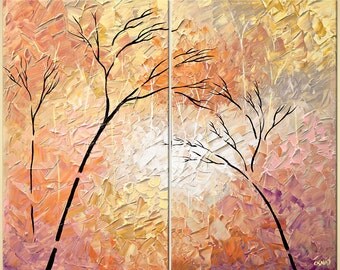 Original Abstract Contemporary Blooming Tree Acrylic Painting Heavy Palette Knife Texture by Osnat 36" x 30"