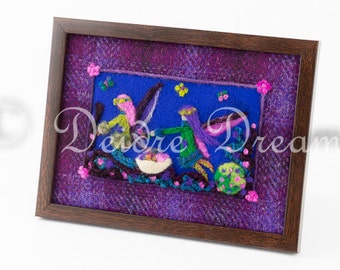 Fairy Decor, Needle Felt Picture on Harris Tweed, Fairy Diorama, Fairy Shadowbox, Felt Art, Fiber Art, Textile Art, Fairy Primitive Folk Art