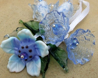 Lampwork Glass Flower Beads for Jewelry Making, Romantic and Delicate Blue Bouquet, Set of Flower beads, Made to Order