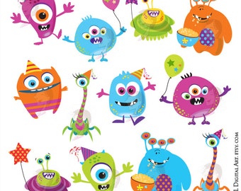 Monster Clipart Cute Digital Little Monster Birthday Party Silly Funny VECTOR Clip Art Scrapbook Diy Invitation Cards INSTANT DOWNLOAD 10103