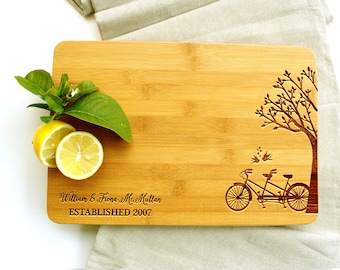 Personalized Cutting Board, Custom Cutting Board, Wedding cutting board, Bicycle, Tree & Lovebirds
