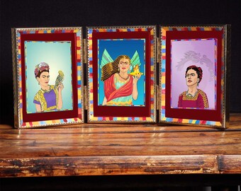 OOAK 3 Frida Prints, Hand-painted Frame Art Altarpiece Mexican Folk Art Famous Woman Artist Tableau
