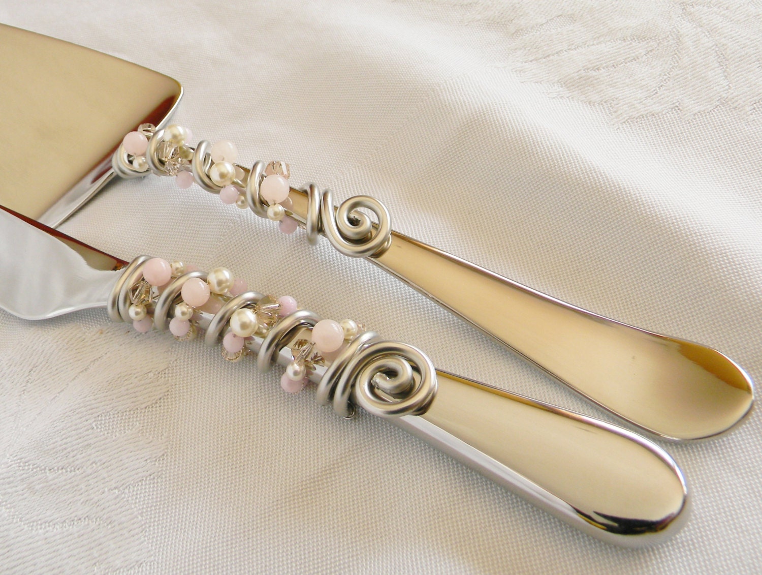 Elegant Wedding Cake Knife And Server Serving Set Beaded With