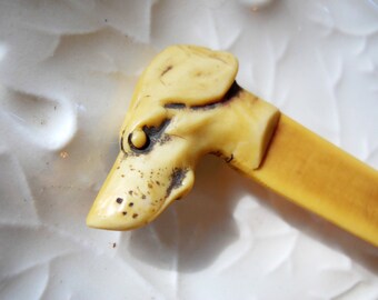 Antique Victorian Vintage 1880s Small Ornate Figural Dog French Ivory Celluloid Desk Ladies Page Cutter Letter Opener Mastiff Whippet Hound