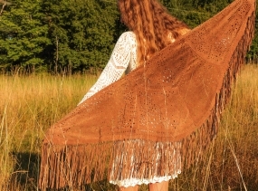 Boho shawl with fringe made of soft brown suede