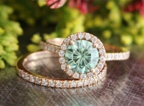 Emerald Green Moissanite Diamond Wedding Set in 14k Rose Gold 7mm Moissanite Engagement Ring and Half Eternity Diamond Wedding Band