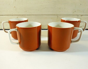 Set of 4 Vintage Diner Coffee Cups Orange Brown and White, Tierra Ironstone