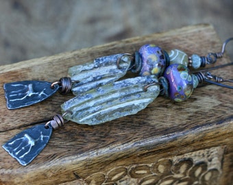 Tribal Rustic Primitive Earrings . Bohemian Jewelry . Deer . Wild earrings n106- purple artisan lampwork . asymmetrical . Roman Glass