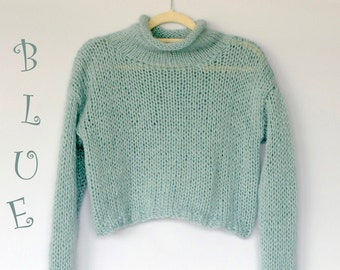 Mohair Sweater Hand Knit Cropped Jumper Casual Rustic Blue Everyday Top