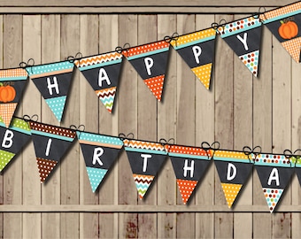 Pumpkin Birthday Banner, Little Pumpkin Banner, Fall Banner 1st Birthday Party Banner PRINTABLE Turning One Chalkboard Pennant Flags