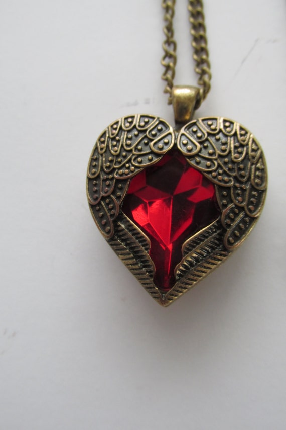 Brass heart necklace with red stone Sumni jewelry Vintage