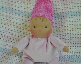 Fretta's original Waldorf Style Weighted Baby. 9" / 23 cm soft sculpture Cloth Doll. Baby's First Doll. Child Friendly Baby Doll.