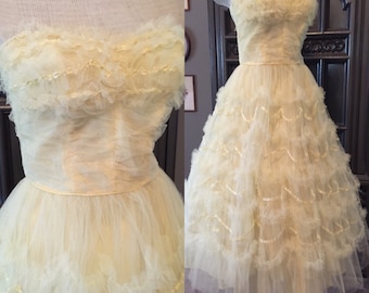 50s Soft YellowTulle Cupcake Tea Length Party Prom Dress