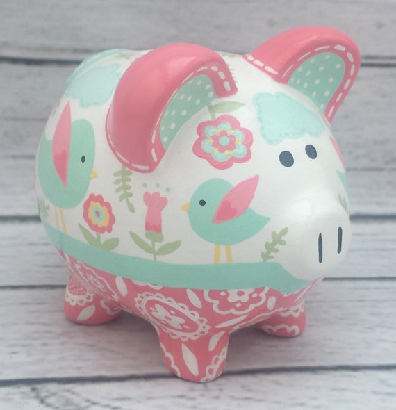 Artisan Hand Painted Ceramic Personalized Piggy Bank Coral