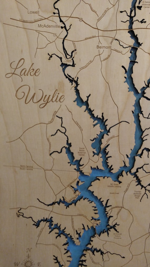 Wood Laser Cut Map of Lake Wylie NC SC Topographical