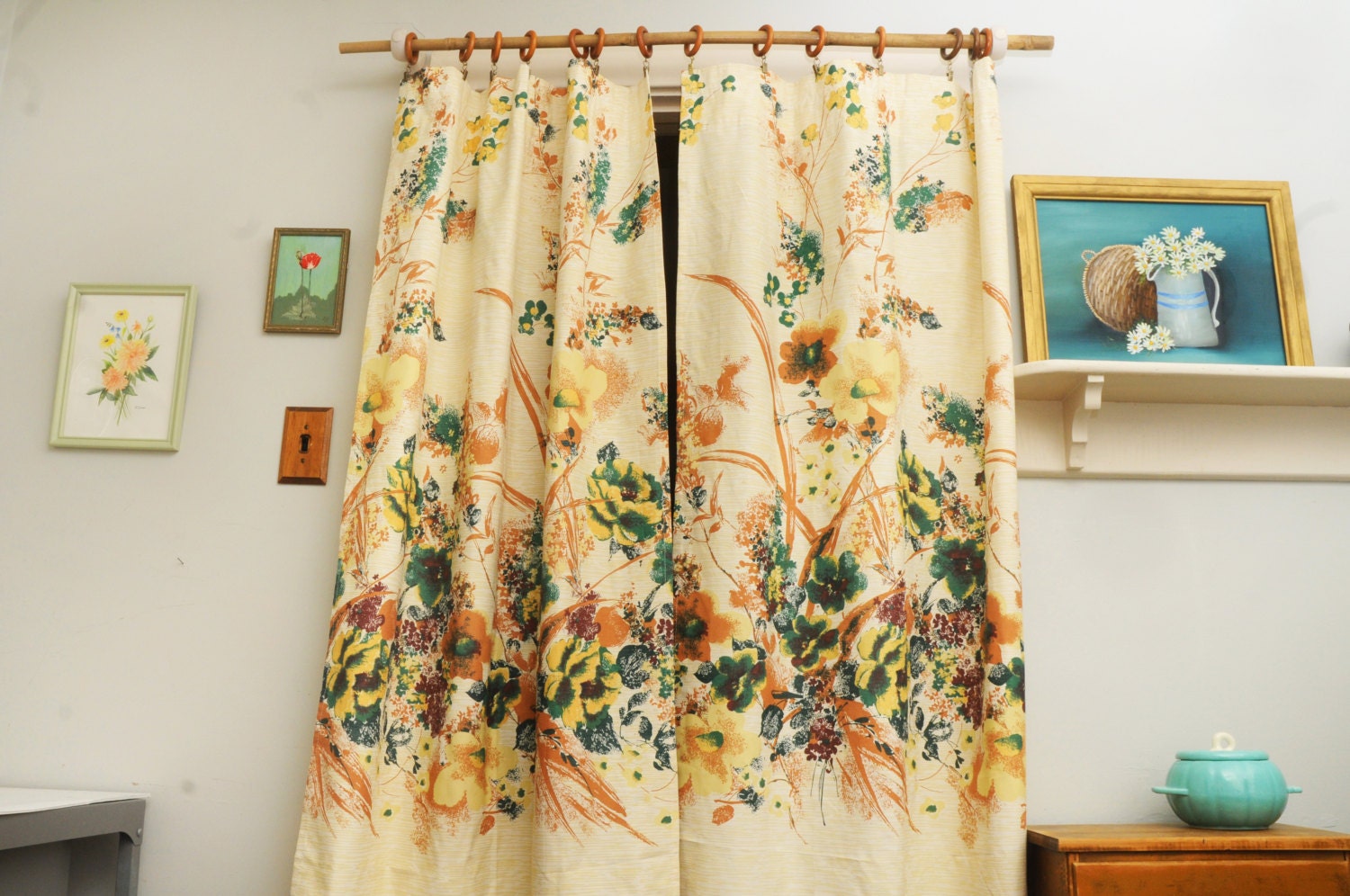 Mid Century PAIR Curtain Panels Mod Green Gold