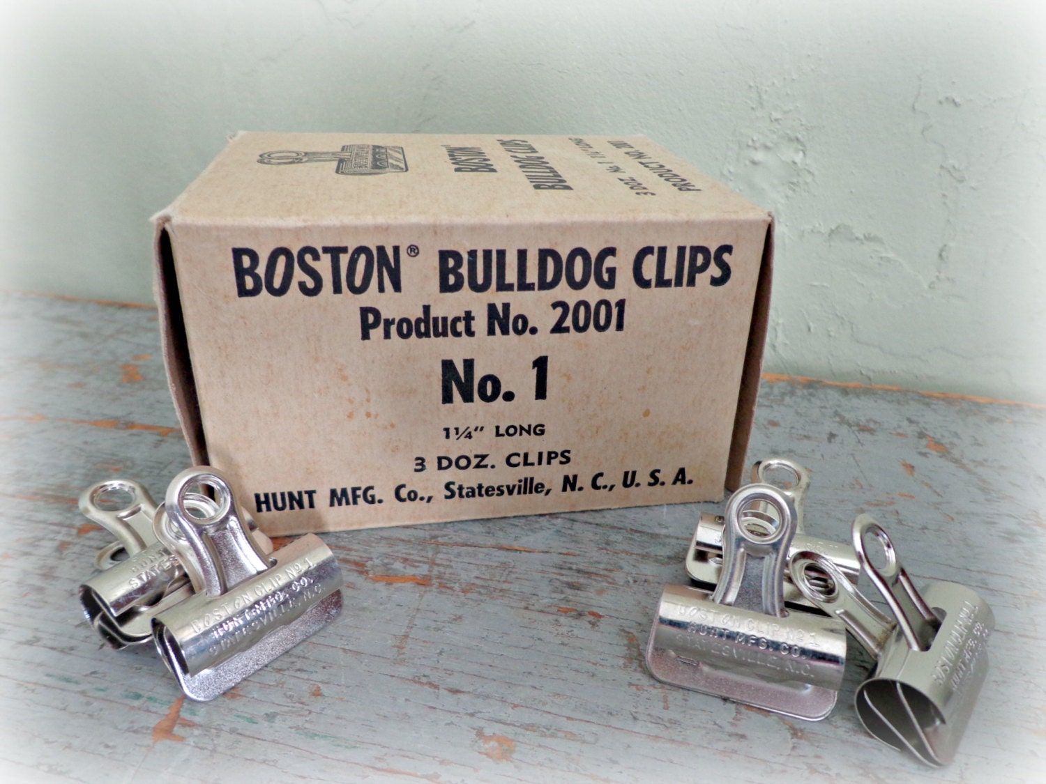 vintage box of bulldog clips / set of 29 office clips in