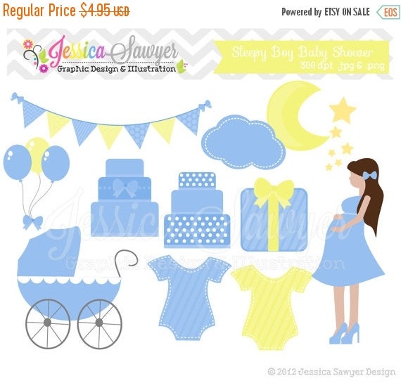 80% OFF - INSTANT DOWNLOAD - Baby boy shower clipart - cake - moon and stars - bunting banner - patterned- commercial use - image - graphic Il_570xn