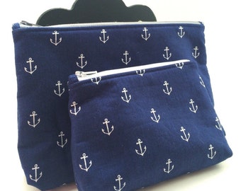 Nautical anchor navy blue zipper makep jewelry bag