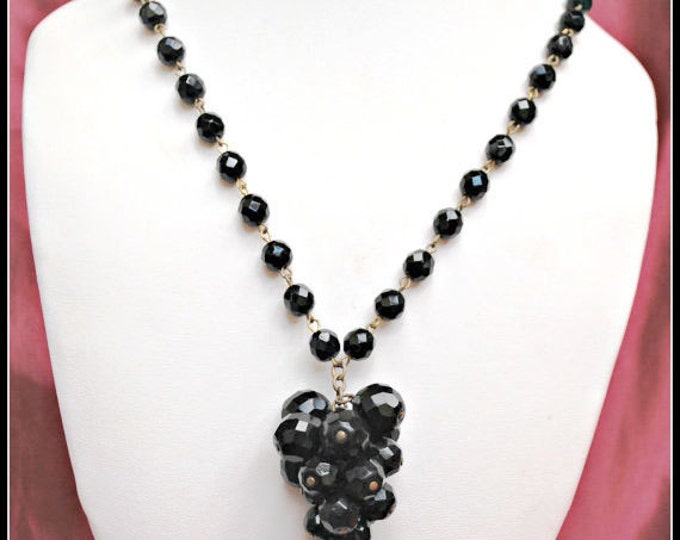 Black Grape Cluster Necklace - Facet Cut Glass beads - mid century