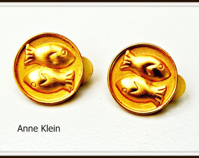 Fish Earrings - Signed Anne Klein - Gold Round - Clip on Earrings