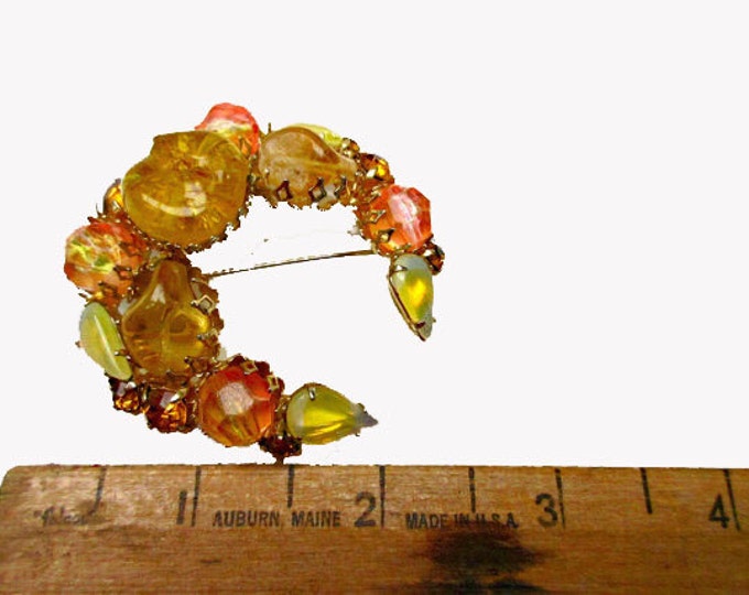 Rhinestone Crescent brooch -Yellow Orange Art Glass mid century - gold metal - c shape pin