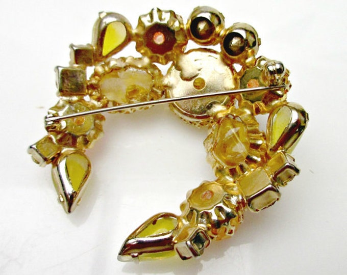 Rhinestone Crescent brooch -Yellow Orange Art Glass mid century - gold metal - c shape pin