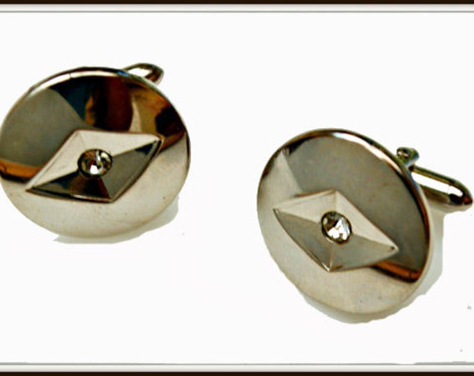 Swank Cuff links = Silver Round - Rhinestone -Mid Century