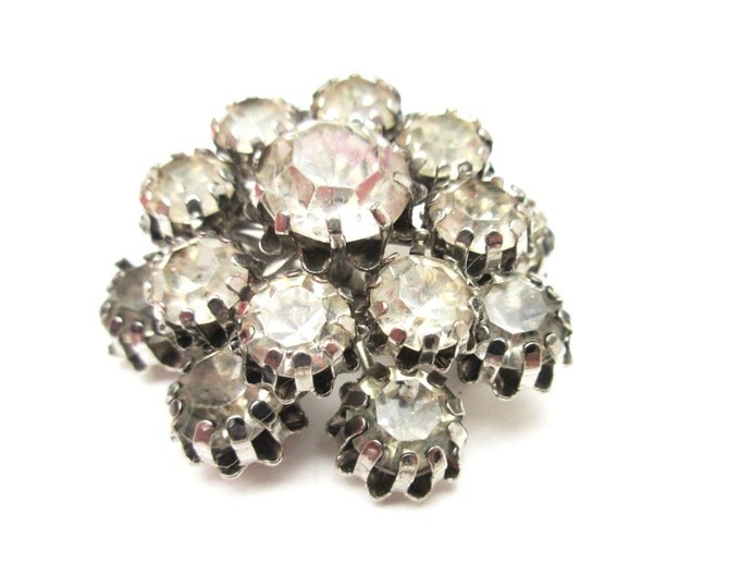 Atomic Rhinestone Brooch - Clear Ice crystal -domed layered - Mid century pin