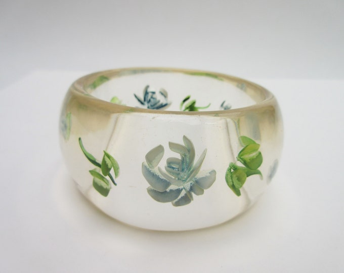 Clear Lucite Bangle with embedded carved blue green flower Bracelet