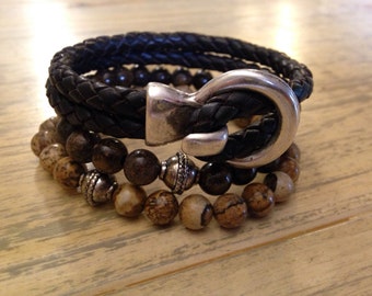 Mens Leather Beaded Bracelets Stacking Bracelets Boyfriend Gift for Him Leather Bracelet Mens Bead Bracelet Bohemian Bracelet Husband Gift