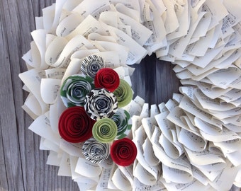 Christmas Wreath, Holiday Wreath, Music Wreath, Paper Wreath with Red, Green & Black Paper Flowers 18"