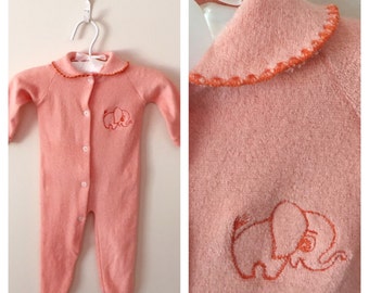 70s Baby Girl Peach Elephant Footed Sleeper Onesie, Size 0 to 3 Months