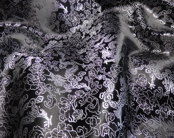 Chinese brocade fabric in elegant smoky black with silver dragons - 1 yard of black brocade with dragon pattern, black and silver brocade
