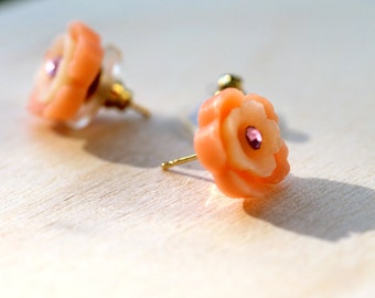 Peach Flower Studs with Swarovski Crystal Diamante Detail By MillyPops - Flowergirl, Pretty, Delicate, Gold Plated