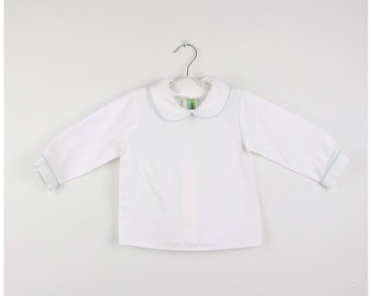 Long sleeve White cotton shirt with Peter pan collar and baby blue trim - Other trim colors available