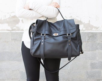 Black leather messenger bag - Leather satchel - Laptop messenger bag - MELINA bag