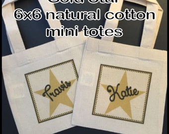 Personalized Gold Star Birthday Party Favor Bags Gold Stars Black Treat Gift Bags Mini 6x6" Natural Cotton Totes Kids Party Bags - Set of 4