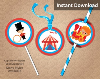 Carnival Circus Party Cupcake Toppers, Carnival Circus Party Decorations, Favor Tags, Straw Flags, Printable, Instant Download