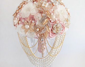 Wedding Bouquet, Brooch Bouquet, Bridal Bouquet, Gold Wedding Dress Blush Pink Bouquet, Rose Gold Bouquet, Wedding Jewelry Bouquet
