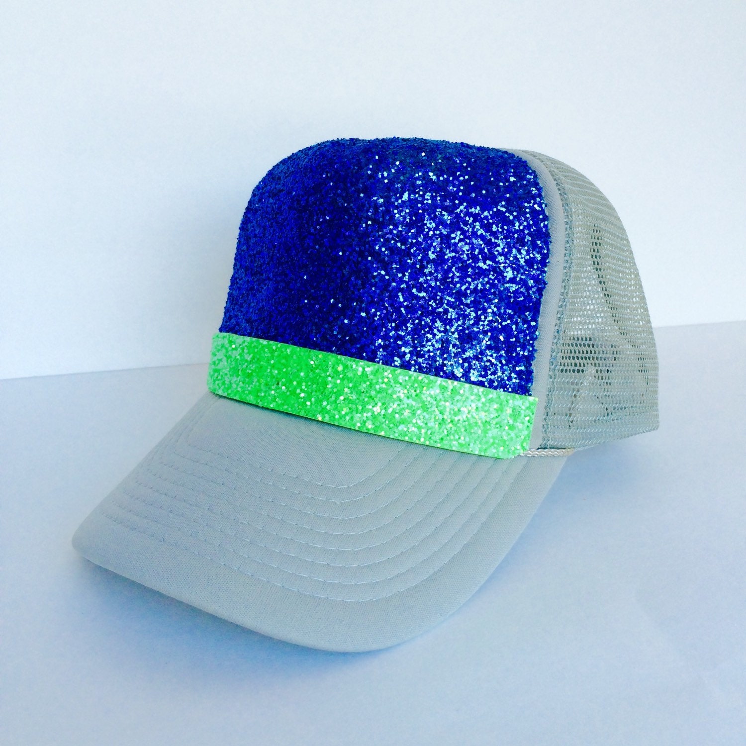 Blue and Neon Green Glitter Baseball Football Trucker Hat