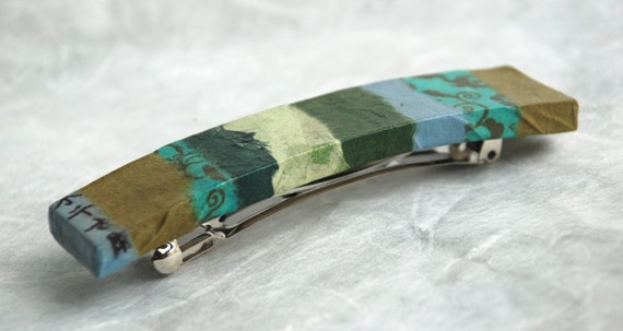 Jumbo Patchwork Hanji French Barrette Hair Pin Striped Patchwork Green Blue Grey Colors Sturdy Stainless Steel Barrette Handmade