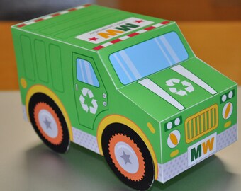 Garbage truck birthday party favor box paper toy treat box pdf printable text editable