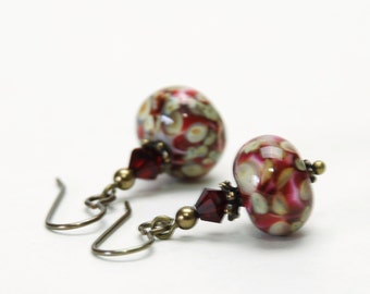 Cranberry Red Lampwork Earrings with Antique Brass Accents and Natural Brass Earwires