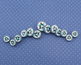 Star of David beads, Jewish Symbol in blues turquoise and white, polymer clay round flat beads, set of 13 Polymer clay beads