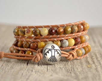 Triple wrap beaded leather bracelet. Bohemian chic Native American style thunderbird jewelry